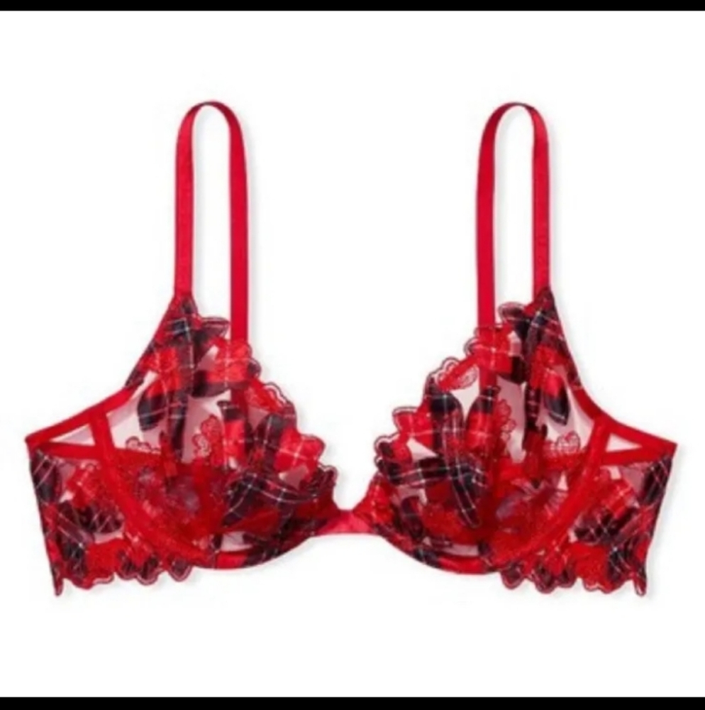 Victoria Secret-Red & Black Sheer Floral & Plaid Low Cut Demi Balconette Bra-32D - Picture 1 of 3